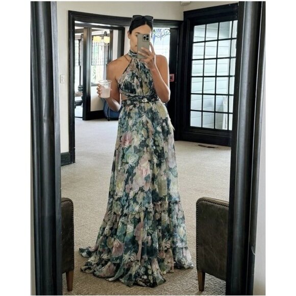 Mac Duggal Size 18 Blue Floral 68089 Halter Maxi Gown Cut Out Embellished Dress - Picture 5 of 13